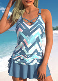 Drawstring Dusty Blue Geometric Print Tankini Set