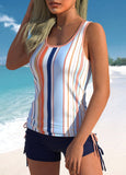 Drawstring Multi Color Stripe Print Tankini Set