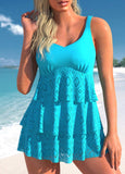 Neon Blue Layered Hem Lace Swimdress and Shorts