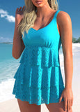 Neon Blue Layered Hem Lace Swimdress and Shorts