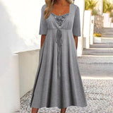 Gray Print Sequins Neck Side Pockets Midi Dress