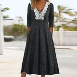 Plain Lace Collar V Neck Midi Dress