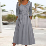 Gray Plain Regular Fit Crew Neck Casual Midi Dress