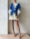 RITA EMBROIDERED MINI DRESS IN CREAM/BLUE