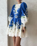 RITA EMBROIDERED MINI DRESS IN CREAM/BLUE