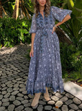 Elegant Printed Lace Up Cotton Maxi Dress