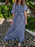 Elegant Printed Lace Up Cotton Maxi Dress