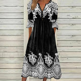 Black and White Lace Print Side Pocket Midi Dress