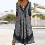 Gray Long Sleeve U-neck Button Midi Dress