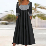 Long Sleeve U-neck Buttons Midi Dress