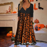 Orange Half Sleeve Bat Print A Line Dress