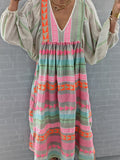 Pink Greek Key and Orange Chain Striped Print Midi Dress