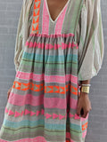 Pink Greek Key and Orange Chain Striped Print Midi Dress