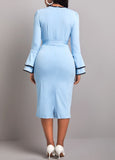 Contrast Binding Belted Light Blue Bodycon Dress