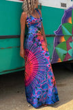 Tie-dye Print Back Lace-up Stretch Maxi Dress