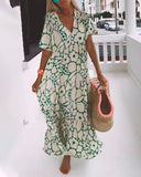 Printed Short Sleeve Deep V-neck Maxi Dress