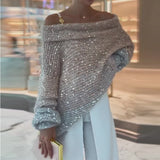 Pure Color Sequins off-Shoulder Loose Sweater