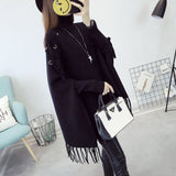 Roll Neck Fringed Knit Poncho Outerwear