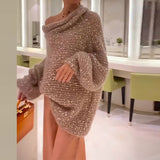 Pure Color Sequins Slant Shoulder Loose Sweater