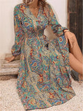 Printed V-Neck Long Sleeve A-Line Dress