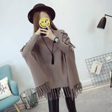 Roll Neck Fringed Knit Poncho Outerwear