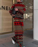 High Neck Long Sleeve Printed Sweater Pants Casual Set