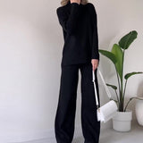 Solid Color Casual Turtleneck Top Wide Leg Pants Suit