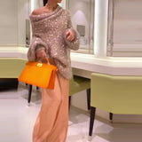 Pure Color Sequins Slant Shoulder Loose Sweater