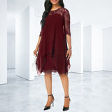 Three Quarter Sleeve Chiffon Overlay Lace Dress