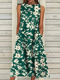 Green Floral Sleeveless Midi Dress