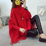 Roll Neck Fringed Knit Poncho Outerwear