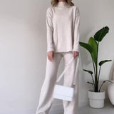 Solid Color Casual Turtleneck Top Wide Leg Pants Suit