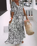 Printed Short Sleeve Deep V-neck Maxi Dress