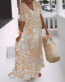 Printed Short Sleeve Deep V-neck Maxi Dress