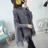 Roll Neck Fringed Knit Poncho Outerwear