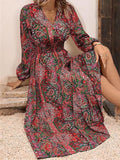 Printed V-Neck Long Sleeve A-Line Dress