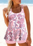 Paisley Print Pink Double Straps Tankini Set