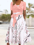 Peach Blossom Floral Print Sundress and Bowknot Surplice T Shirt Two Piece Set