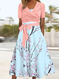 Peach Blossom Floral Print Sundress and Bowknot Surplice T Shirt Two Piece Set