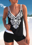 Black Double Straps Tribal Print Tankini Set