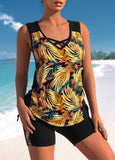 Black Leaf Print Cross Strap Tankini Set