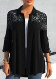 Black Sequin Shirt Collar Roll Tab Sleeve Blouse