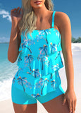 Coconut Tree Print Cyan Layered Hem Tankini Set