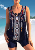 Criss Cross Navy Tribal Print Tankini Top