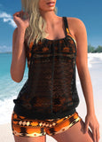 Lace Orange Tribal Print Mid Waisted Tankini Set