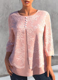 Lace Stitching Light Pink Faux Two Piece Blouse