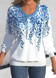 Leaf Print Light Blue V Neck Sweatshirt