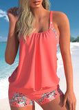 Plant Print Coral Red Blouson Tankini Set