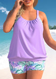 Plus Size Floral Print Light Purple Tankini Set