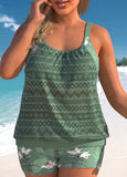 Plus Size Floral Print Sage Green Tankini Set